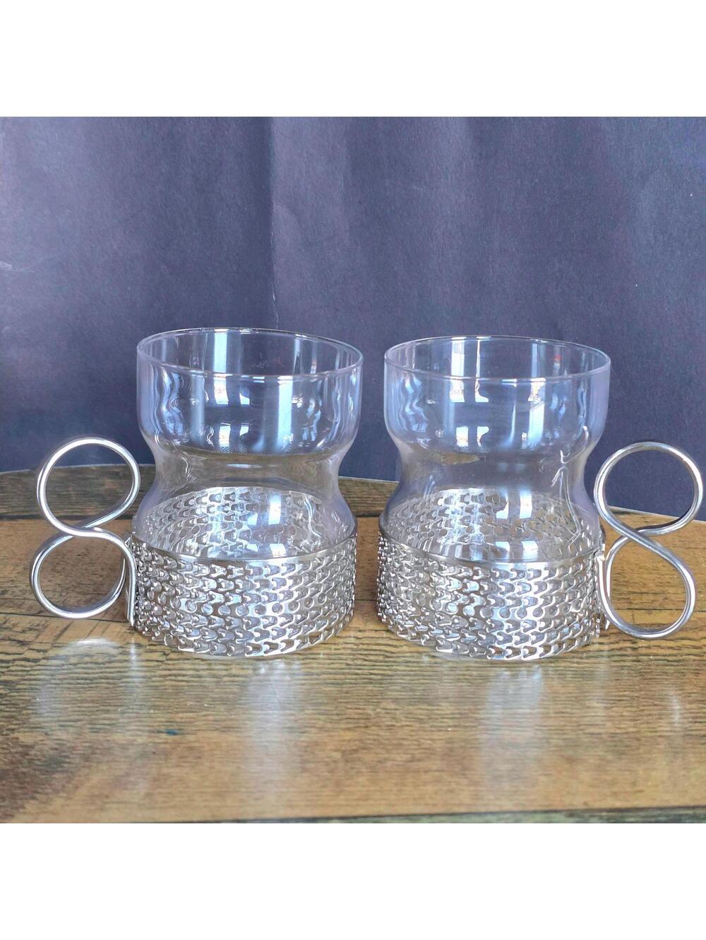 Iittala Tsaikka Finland Glogg Tea Coffee Glasses Silver Handle Timo Sarpaneva x2
